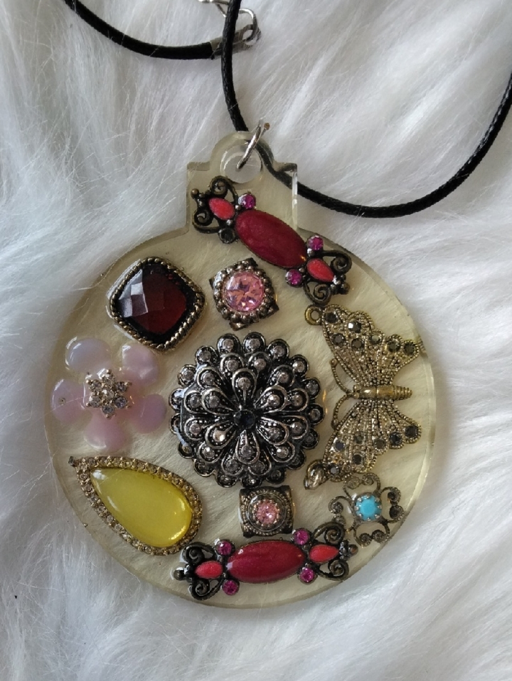 Handcrafted Floral Multi-Gem Pendant Necklace In Resin Butterfly Charm